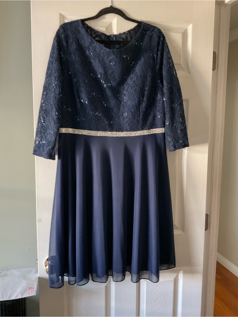 Women's Navy Lace & Chiffon A-Line Formal Dress with Sparkle Waist